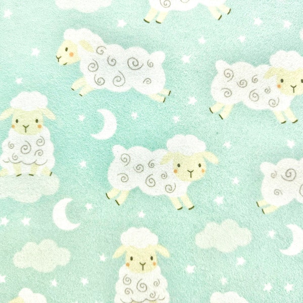 Curly Sheep on Mint Green Flannel Fabric By The Yard 100% Cotton jumping lambs moon stars sky  double napped infant juvenile gender neutral