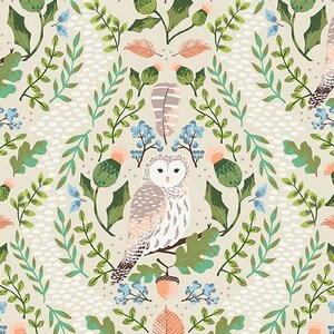 May include: A beige background with a repeating pattern of owls, leaves, acorns, and feathers. The owls are white with brown and pink markings. The leaves are green and the acorns are brown. The feathers are brown and white.