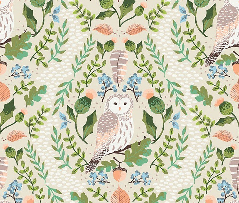 May include: A beige background with a repeating pattern of owls, leaves, acorns, and feathers. The owls are white with brown and pink markings. The leaves are green and the acorns are brown. The feathers are brown and white.