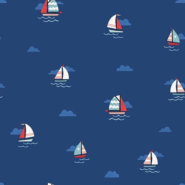 Set Sail Sailboats on Navy Fabric By The Yard 100% Premium Cotton boats ocean sailing nautical small blue “Lost at Sea” by Riley Blake