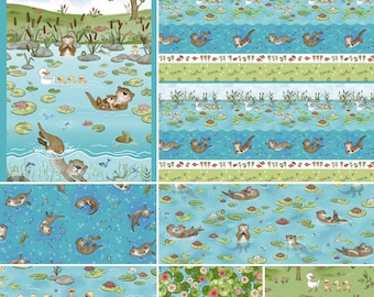 River Romp Fabric Collection By The Yard 100% Premium Cotton by Henry Glass Otters ducks spring lake water frogs panel coordinating prints
