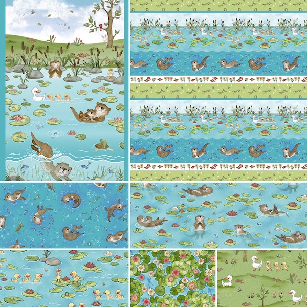 River Romp Fabric Collection By The Yard 100% Premium Cotton by Henry Glass Otters ducks spring lake water frogs panel coordinating prints
