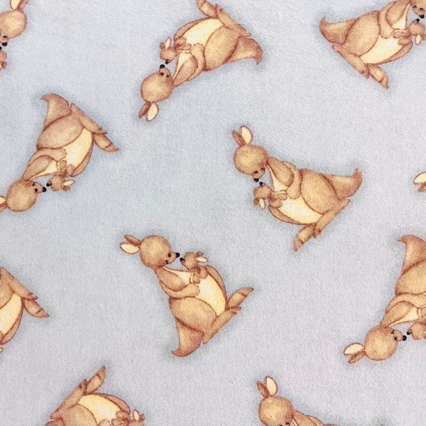 Mama Kangaroo & Baby Joey on Gray Flannel Fabric By The Yard 100% Cotton by A.E. Nathan animals infant mother newborn love kangaroos