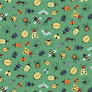 May include: A repeating pattern on a sage green background featuring various insects including bees, ants, spiders, and beetles in shades of yellow, orange, black, blue, and white. The illustration displays a diverse collection of small bugs.