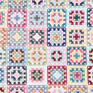 May include: A close-up of a fabric with a repeating pattern of colorful crochet squares. Each square features a central floral design in various colors, including pink, blue, green, and yellow, surrounded by a contrasting border.