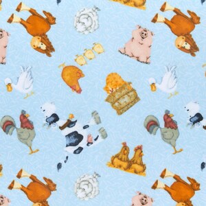 Farm Animals on textured blue Flannel Fabric By The Yard or Half Yards 100% Cotton by A.E. Nathan farmyard double napped infant juvenile