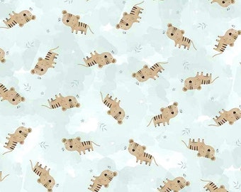 Full of Wonder Cute Tossed Tigers Fabric By The Yard 100% Premium Cotton Timeless Treasures Jungle Safari small scattered animals pale teal