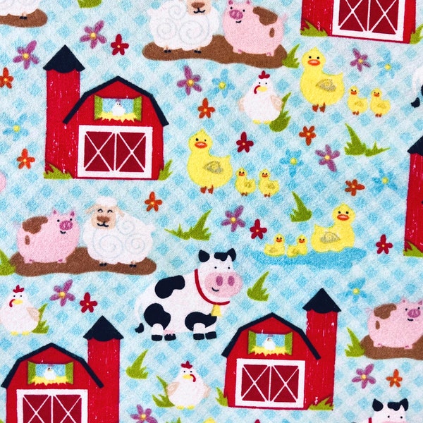 Barnyard Animals on Blue Gingham Flannel Fabric By The Yard or Half Yards 100% Cotton  farmyard farm barn cow ducks pigs sheep country