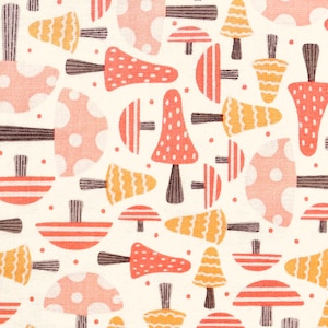May include: A seamless pattern featuring various types of mushrooms in shades of pink, orange, and brown. The mushrooms are drawn in a simple, stylized manner and are set against a white background.