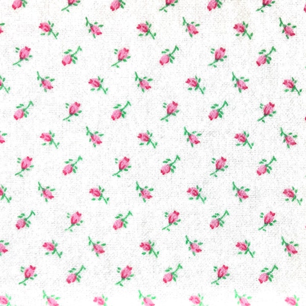 Pink Rosebud Flannel Fabric By The Yard or Half Yards 100% Cotton Vintage Inspired Roses white flowers floral tiny buds dot A.E. Nathan rose