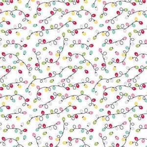 May include: A repeating pattern of colorful Christmas lights on a white background. The lights are red, green, yellow, and blue, strung on black wires. Some individual lights are scattered across the surface.