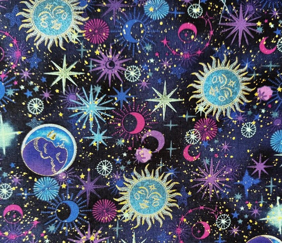 Cosmos Metallic Fabric By The Yard 100% Premium Cotton by Timeless Treasures sky stars space moon deep blue gold
