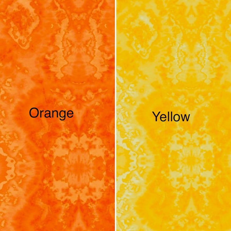 May include: A side-by-side comparison of orange and yellow watercolour paint swatches. The left side shows a vibrant orange colour, while the right side displays a bright yellow colour. Both swatches feature a marbled, abstract pattern.