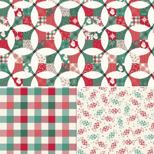 May include: A set of three Christmas fabric patterns. The first pattern is a red and green plaid. The second pattern is a white background with red and green candy canes and stars. The third pattern is a white background with red and green circles and squares.