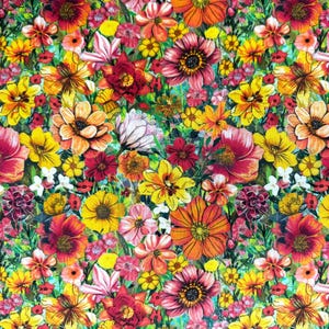 May include: A vibrant floral pattern featuring a dense arrangement of colorful flowers. The design showcases a variety of blooms in shades of red, orange, yellow, and pink, set against a green background. The flowers vary in size and shape, creating a lively and detailed composition.