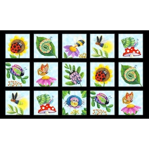 May include: A fabric panel featuring a collection of whimsical insect illustrations. Each square showcases a different bug, including ladybugs, bees, butterflies, and snails, set against a light blue background. The artwork is colorful and cartoonish, with a focus on nature.