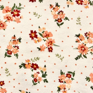 Wildflower Bouquets Rib Knit Fabric by the Yard 52” Wide Stretch Ribbed flowers floral Fall cream rust peach small polka dots leggings