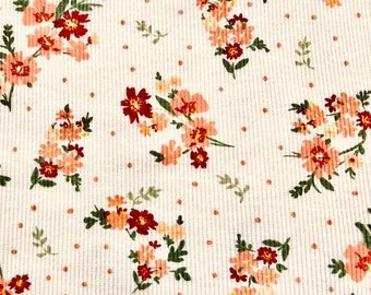 Wildflower Bouquets Rib Knit Fabric by the Yard 52” Wide Stretch Ribbed flowers floral Fall cream rust peach small polka dots leggings