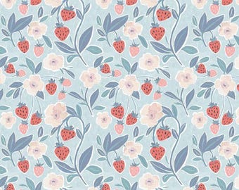 Tela floral Berry Junction sobre azul cortada a medida 100 % algodón premium “Strawberry Jam” de Dear Stella Flowers fresas Pascua primavera