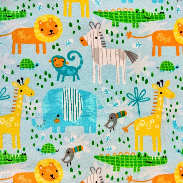 Safari Animals on Blue Flannel Fabric By The Yard 100% Cotton elephants lions giraffes alligators zebras monkeys