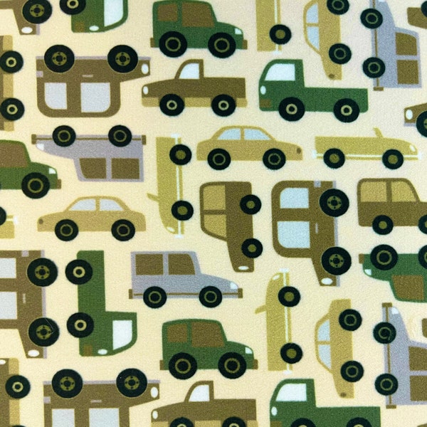 Traffic Jam Cars on Cream Minky Fabric by the Yard 58” Wide Single-Sided Plush Fleece trucks vehicles boys cream green by Michael Miller