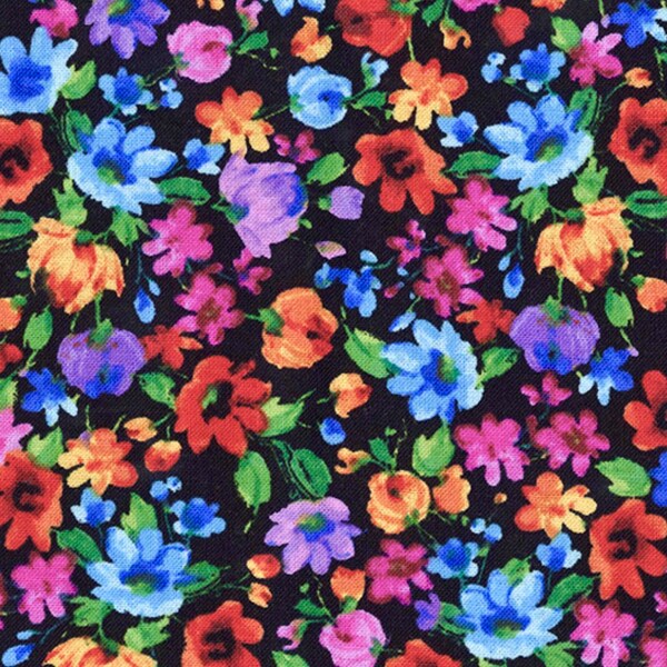 Vibrant Small Floral Fabric By The Yard 100% Cotton Valentine’s Day Love By Hi-Fashion Fabrics red black flowers buds bold bright