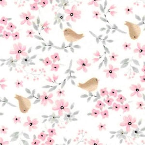 Hazel Floral Birds Flannel Fabric By The Yard 100% Cotton Flannel Nursery Flowers pink white gray birdies branches Spring newborn baby