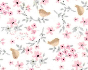 Hazel Floral Birds Flannel Fabric By The Yard 100% Cotton Flannel Nursery Flowers pink white gray birdies branches Spring newborn baby