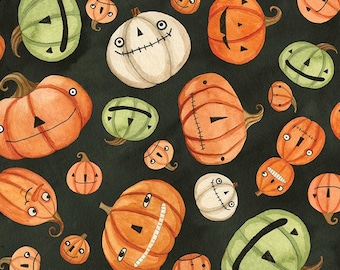 Halloween Whimsy Pumpkins on Black Fabric By The Yard or Half Yards 100% Premium Cotton by Riley Blake Cute Pumpkin whimsical