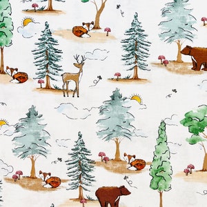 Watercolor Woodland Animals Fabric By The Yard 100% Cotton little baby forest friends foxes deer bears mushrooms trees