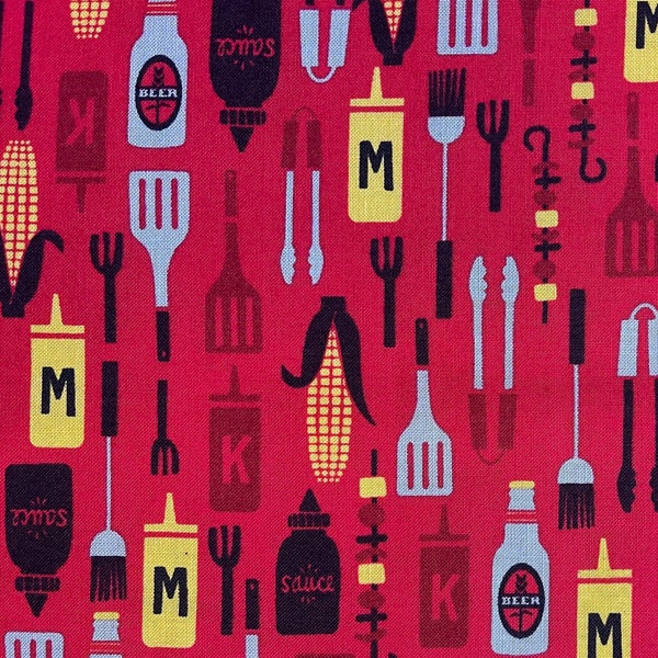 Love, Peace, and BBQ Red Fabric By The Yard or Half Yards 100% Premium Cotton by Henry Glass barbecue grill summer picnic ketchup mustard