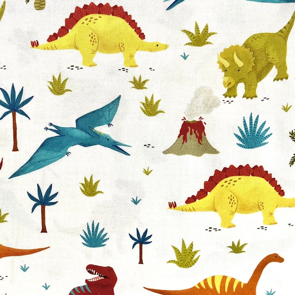 Robert Kaufman “Prehistoric Adventure” Dinosaur Fabric By The Yard 100% Premium Cotton dinosaurs Dinos on cream red blue yellow green