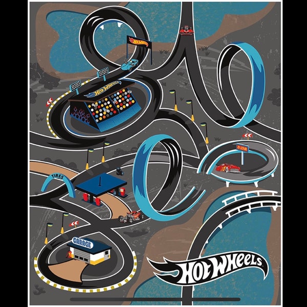 Hot Wheels 36” Canvas Play Mat Panel 100% Premium Cotton Fabric Race Track Car Muscle Hot Rod automobile collector by Riley Blake