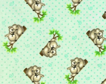 Koala Bears on Mint Flannel Fabric By The Yard 100% Cotton by A.E. Nathan baby bear and mama Australia zoo animals infant toddler