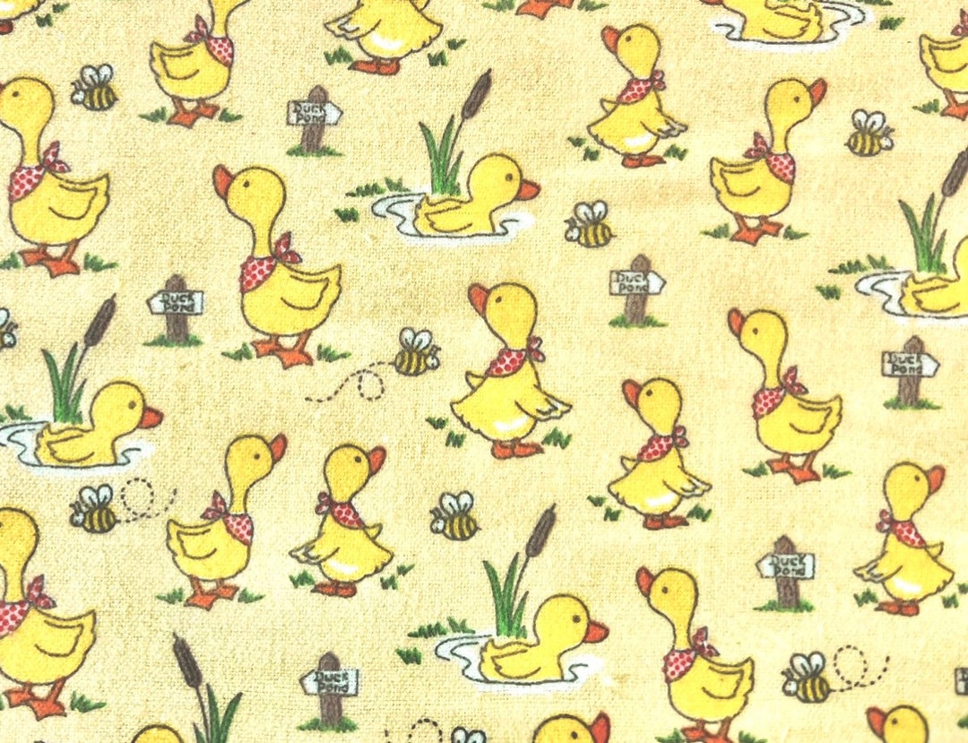 Little Ducklings & Bees on Yellow Flannel Fabric by the Yard 100 Cotton Ducks Duck Pond by A. E