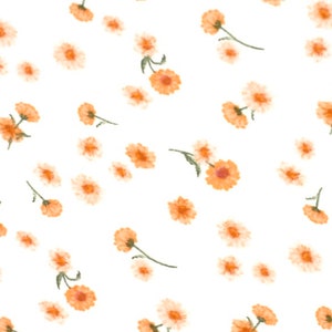 Peach Ditsy Floral on White Knit Fabric by the Yard 58” Double Brushed 4-way Stretch by Fabric Merchants tiny scattered orange flowers