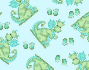 Green Baby Dragons on Aqua Flannel Fabric By The Yard or Half Yards 100% Cotton by A.E. Nathan dragon castle knight fantasy infant juvenile