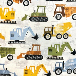 Construction Trucks on White Fabric By The Yard 100% Cotton vehicles Excavator Bulldozer crane cement dump truck