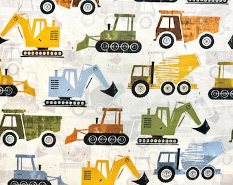 Construction Trucks on White Fabric By The Yard 100% Cotton vehicles Excavator Bulldozer crane cement dump truck
