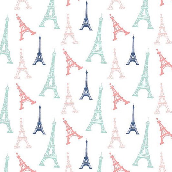 Eiffel Towers on White Fabric By The Yard 100% Premium Cotton “Saturday In Paris” by Riley Blake spring summer pink navy mint tower