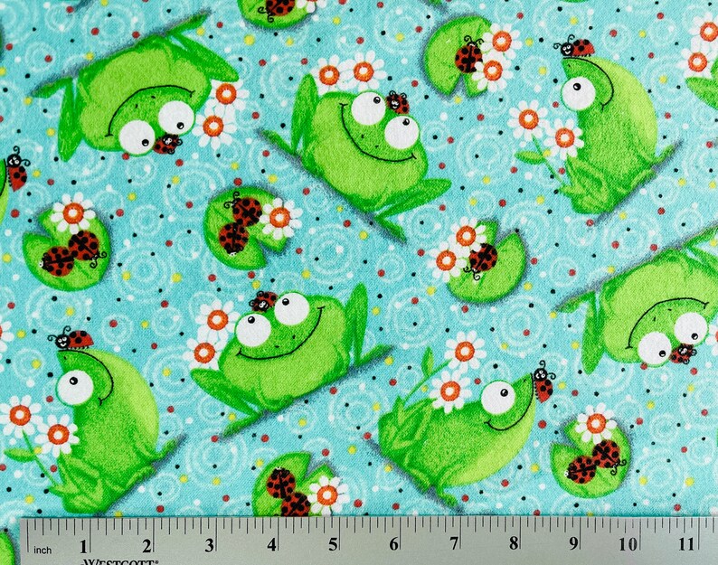 Frog Cloth Frogs & Ladybugs on Lily Pads Flannel Fabric by the Yard 100% Cotton by ...