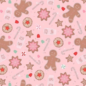 Flannel Holiday Cheer Gingerbread Cookies on Pink Fabric by the Yard ...