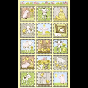 Farm Babies 24” Quilt Block Panel 100% Premium Cotton Fabric by Beth Logan for Henry Glass 6” blocks baby animals pigs cows bunnies sheep