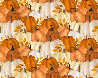 Harvest Pumpkins on White Fabric by the Yard 100% Cotton Orange Tan ...