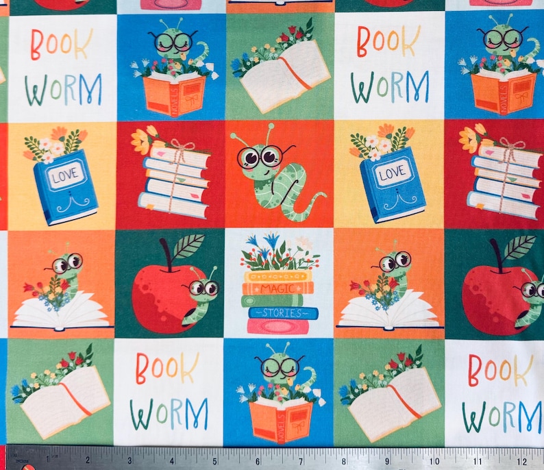 Bookworm Quilt Block Fabric by the Yard 100% Premium Cotton “book Worm ...