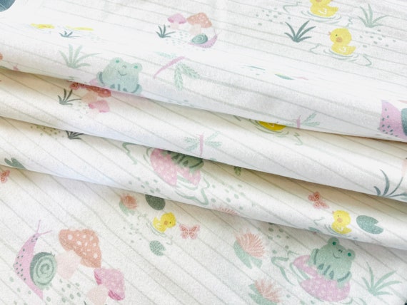 New Baby Animals Flannel Sage Stripe on Soft White Fabric by the