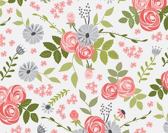 Fable Floral on Off White Fabric By The Yard 100% Premium Cotton by Riley Blake flowers roses daisies Jill Finley Jillily Studio pink gray