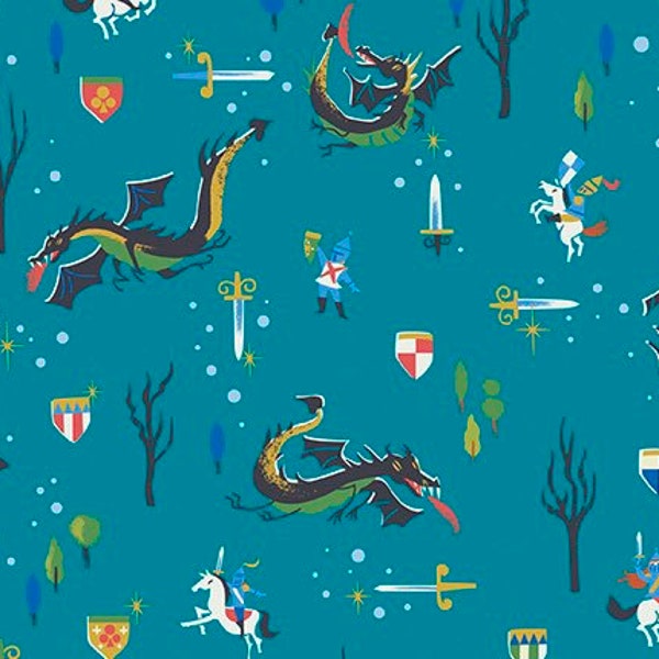 Little Briar Rose Dragons on Teal Fabric By The Yard 100% Premium Cotton Sleeping Beauty Princess Prince sword fairy tale Riley Blake