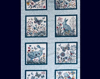 Woodland Creature 24” Fabric Quilt Panel “Norwegian Forest” by Henry Glass rabbits bunnies floral birds butterflies vertical