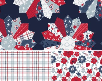 Tela para edredón American Beauty Collection Dresden, cortada a medida, 100 % algodón premium de Riley Blake, estampado floral a cuadros patriótico del 4 de julio de EE. UU.